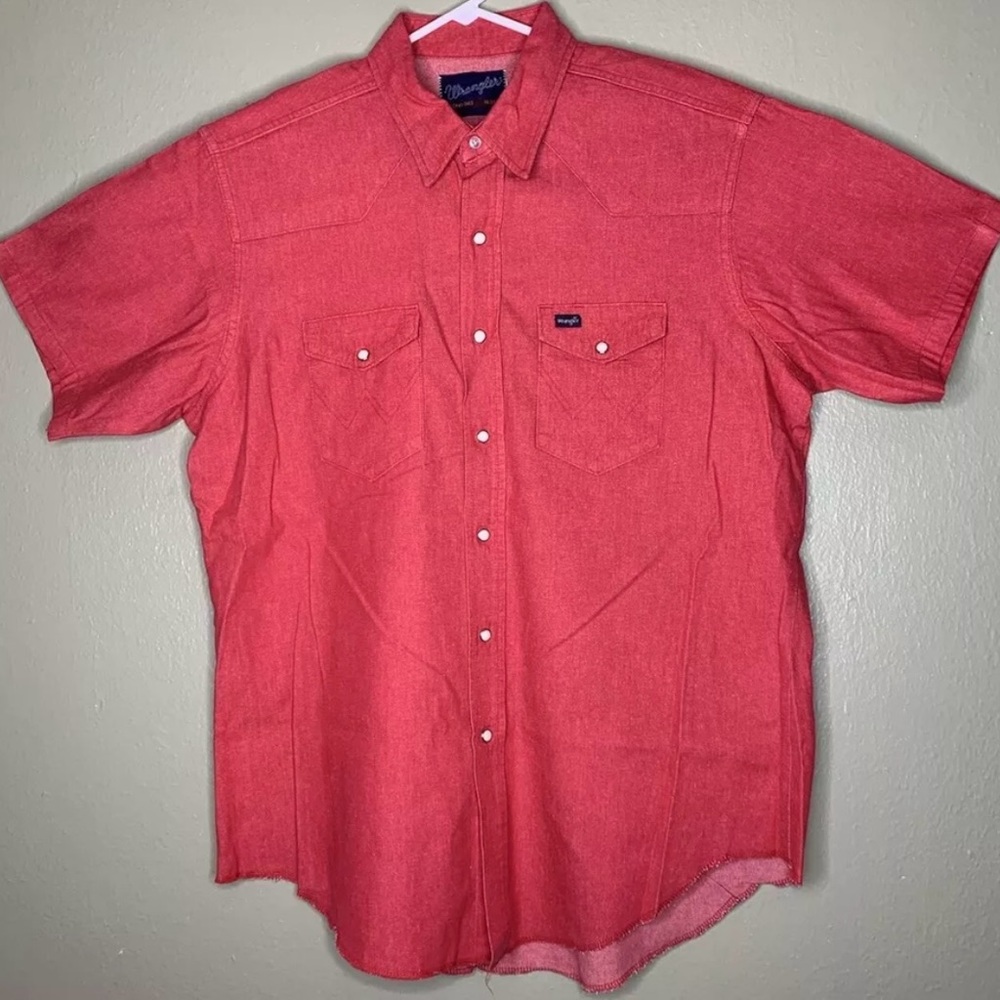 Vtg Wrangler Mens Sz 18-35 X-Long Tails Light Red Short Sleeve Pearl Snap Shirt